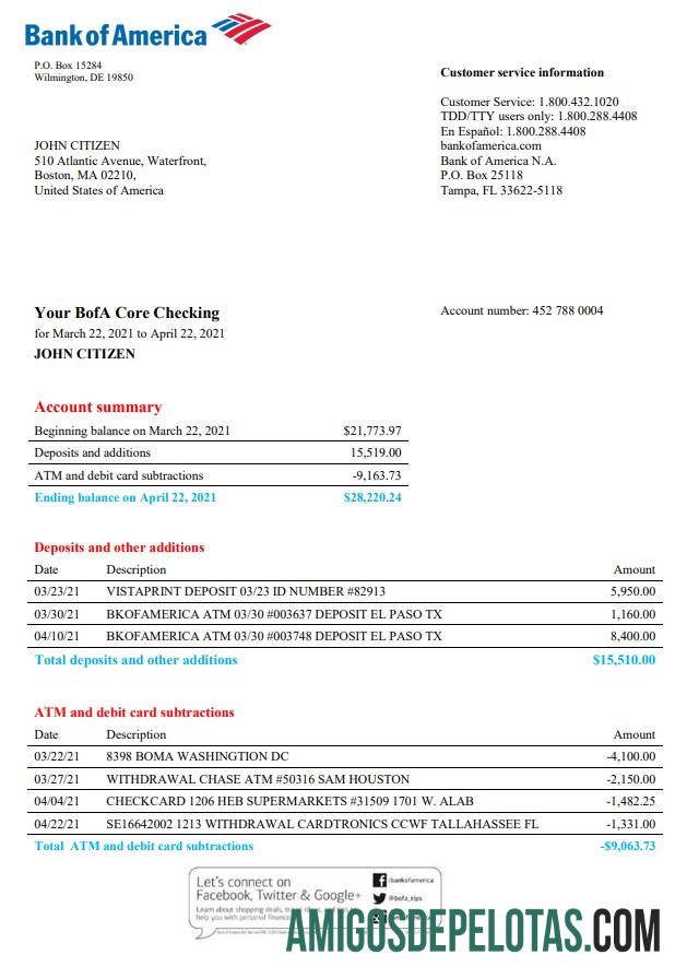 Modelo realista de extrato bancário do USA Bank Of America em formato Word e PDF, versão 4